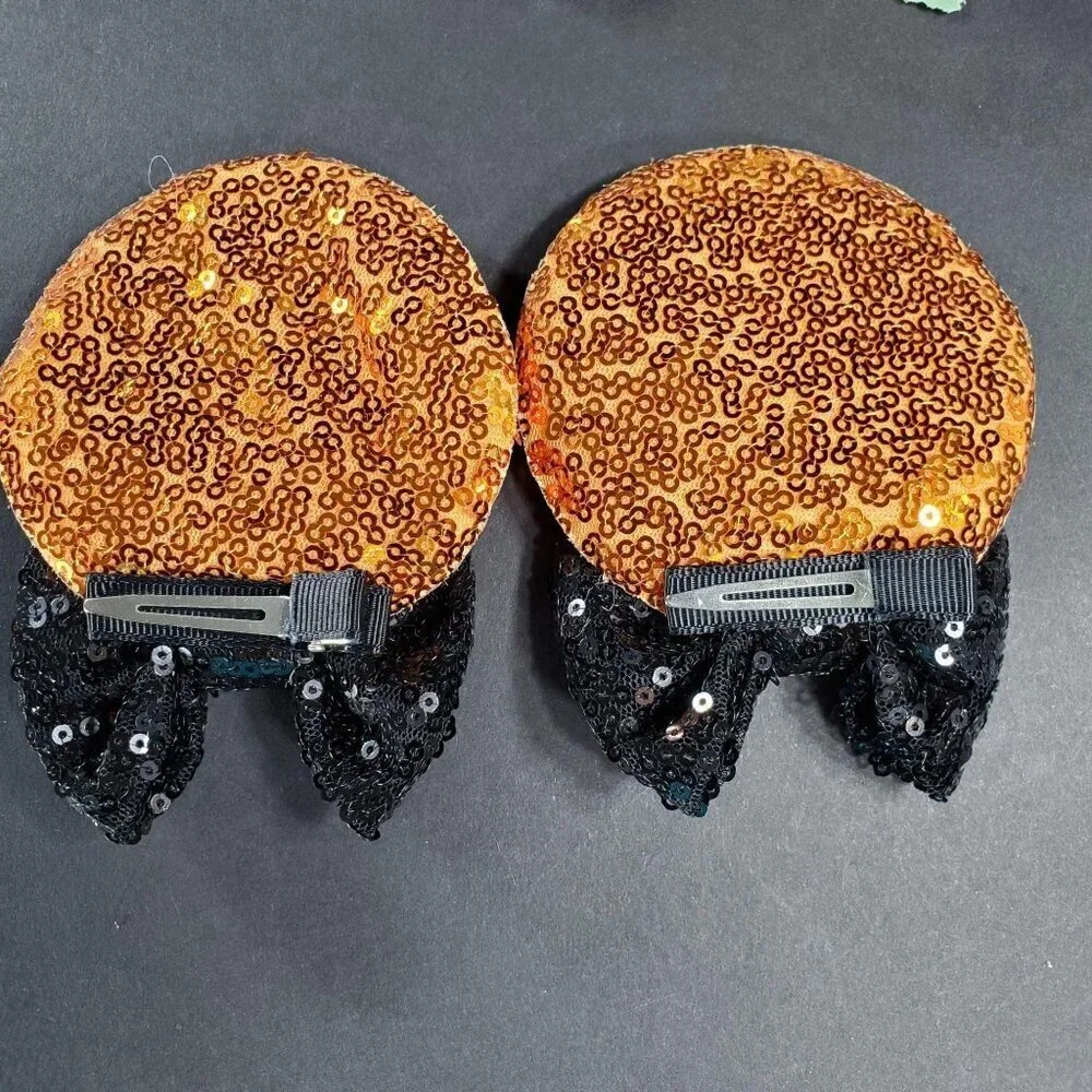 Minnie Mouse Ears Hair Clips Barrette Orange Sequins Black Bow Hair Care